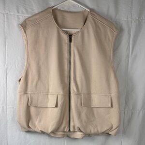 Beige Scuba Bubble Hem Vest Zip Up Cropped Utility Pockets Small